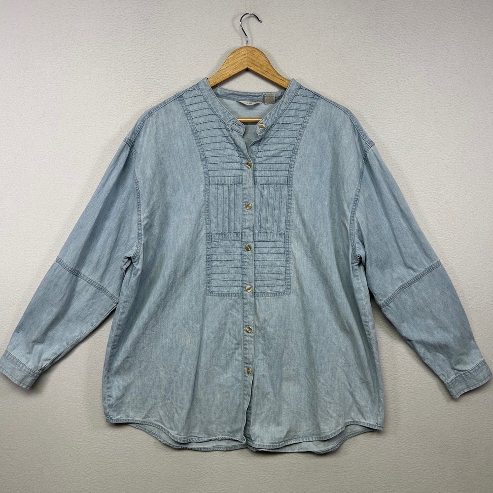 Coastal Boho J. Jill Womens L Blue Pintuck Pleated Denim Band Collar Blouse